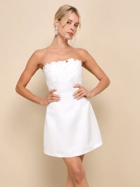 White Satin Strapless Floral Mini Dress
